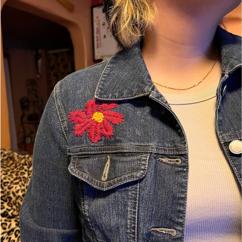 Bossini jean jacket, with embroidery on front and 10 hours of stitching on back